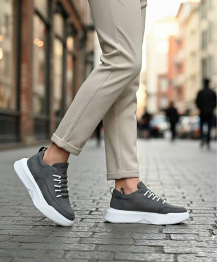 BA0332 Merdiven Desen Bağcıklı Erkek Yüksek Taban Antrasit Cilt Spor Ayakkabı