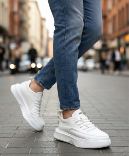 BA0332 Merdiven Desen Bağcıklı Erkek Yüksek Taban Beyaz Cilt Spor Ayakkabı