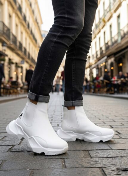 BA0444 Bağcıksız Rahat Yüksek Taban Beyaz Erkek Spor Yarım Bilek Bot