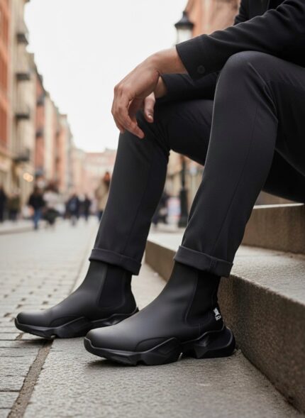 BA0444 Bağcıksız Rahat Yüksek Taban Siyah Erkek Spor Yarım Bilek Bot