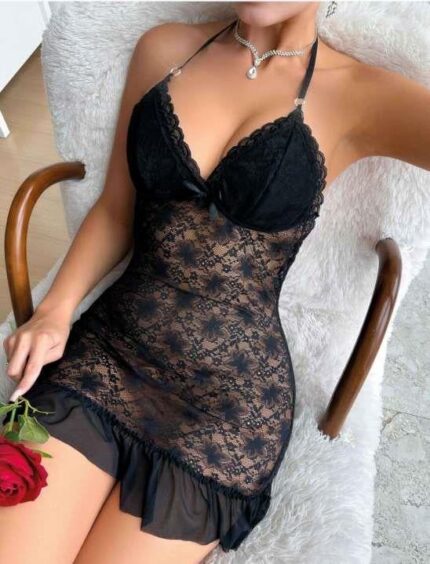 Arias Closet Siyah Dantel İşlemeli Boyundan Bağlamalı Likralı Fantezi Tül Gecelik