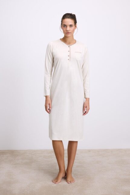 Arias Closet Fil Dişi Modal Uzun Kollu Düğmeli Gecelik