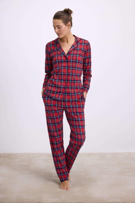 %100 Pamuklu Uzun Kol Düğmeli Gömlek ve Ekose Pantolon Pijama Takımı