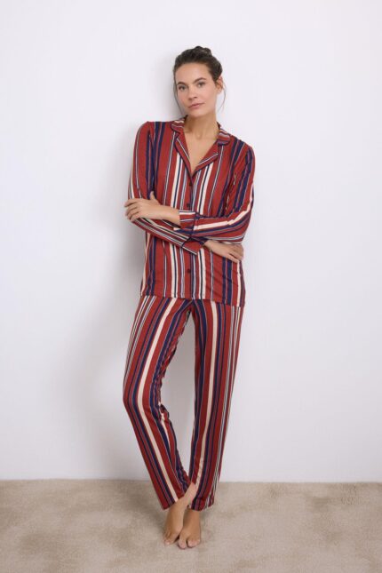 %100 Modal Uzun Kollu Düğmeli Çizgili Pijama Takımı