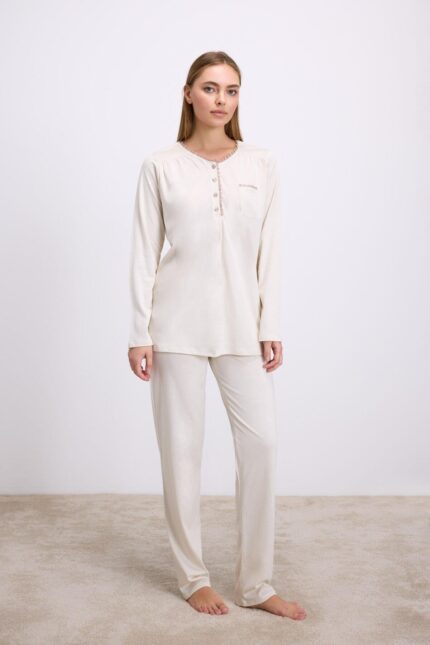 Arias Closet Fil Dişi Modal Pamuklu Uzun Kollu Düğmeli 2'li Pijama Takımı