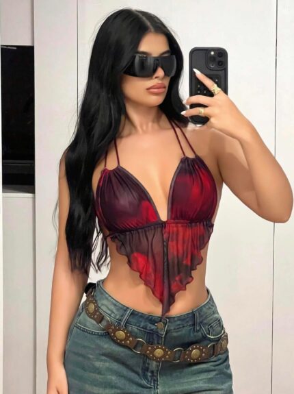 Arias Closet Kırmızı Siyah Desenli İnce Askılı Üçgen Kesim Crop