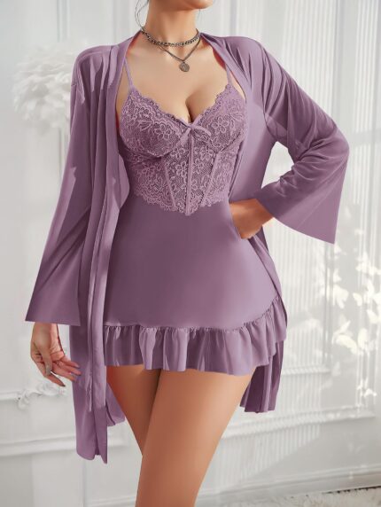 Arias Closet Özel Tasarım Dantel İşlemeli Fırfırlı Sabahlıklı 2'li Mor Gecelik Takımı