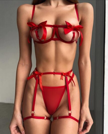 Arias Closet Özel Tasarım Kırmızı Kurdela Detaylı Jartiyerli Fantezi Sütyen String Takımı