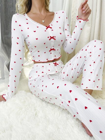 Arias Closet Beyaz Üstüne Kalp Desenli Kırmızı Kurdelalı Pamuklu Pijama Takımı