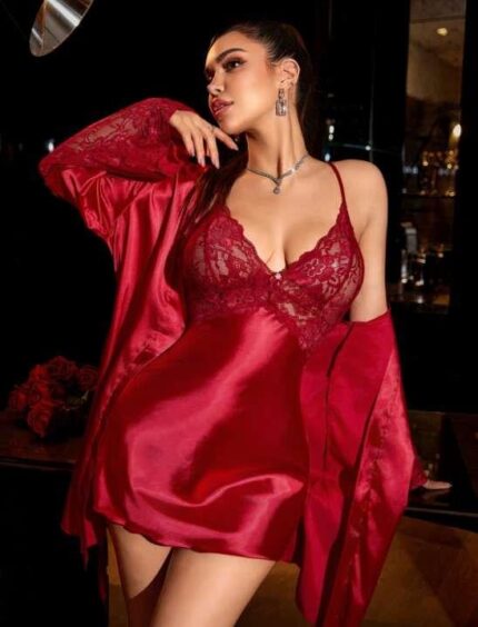 Arias Closet Bordo Dantel İşlemeli İnce Askılı Saten 2'li Gecelik Sabahlık Takımı