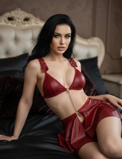 Arias Closet Bordo Göğüs Dekolteli Mini Etekli Fantezi Deri Takım