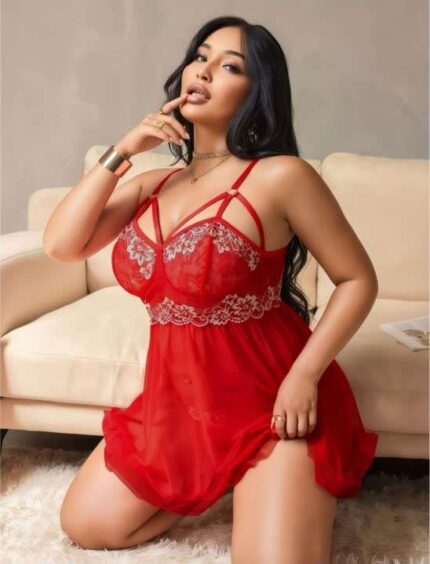 Arias Closet Büyük Beden Kırmızı Dantel İşlemeli Tül Gecelik