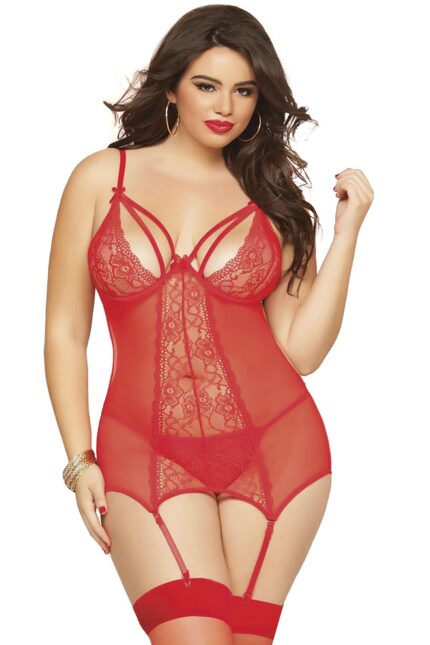 Arias Closet Büyük Beden Kırmızı Dantel İşlemeli Göğüs Dekolteli Fantezi Jartiyer Takımı
