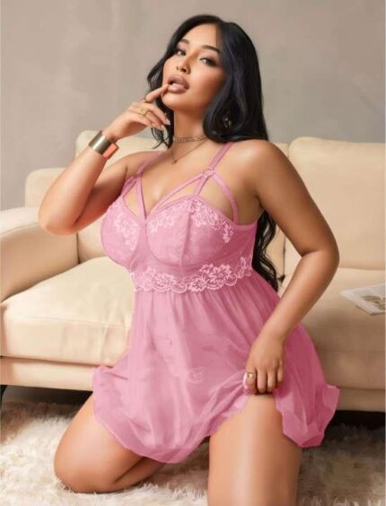 Arias Closet Büyük Beden Pembe Dantel İşlemeli Göğüs Detaylı Tül Gecelik