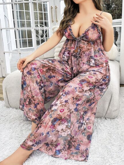 Arias Closet Özel Tasarım Büyük Beden Çiçek Desenli Bol Kesim 2'li Pijama Takımı