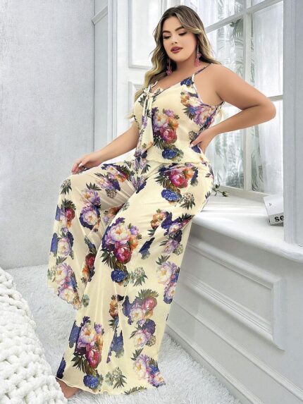 Arias Closet Özel Tasarım Büyük Beden Çiçek Desenli İnce Askılı 2'li Pijama Takımı