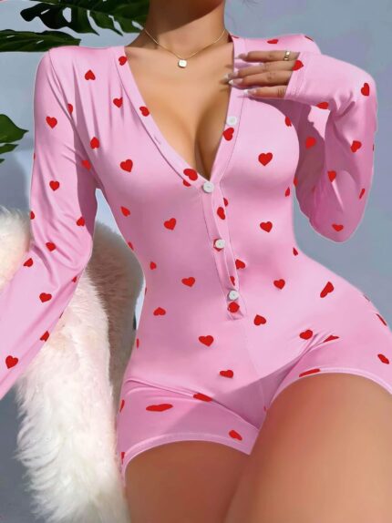 Arias Closet Pamuklu Pembe Kalp Desenli Düğmeli Tulum Pijama